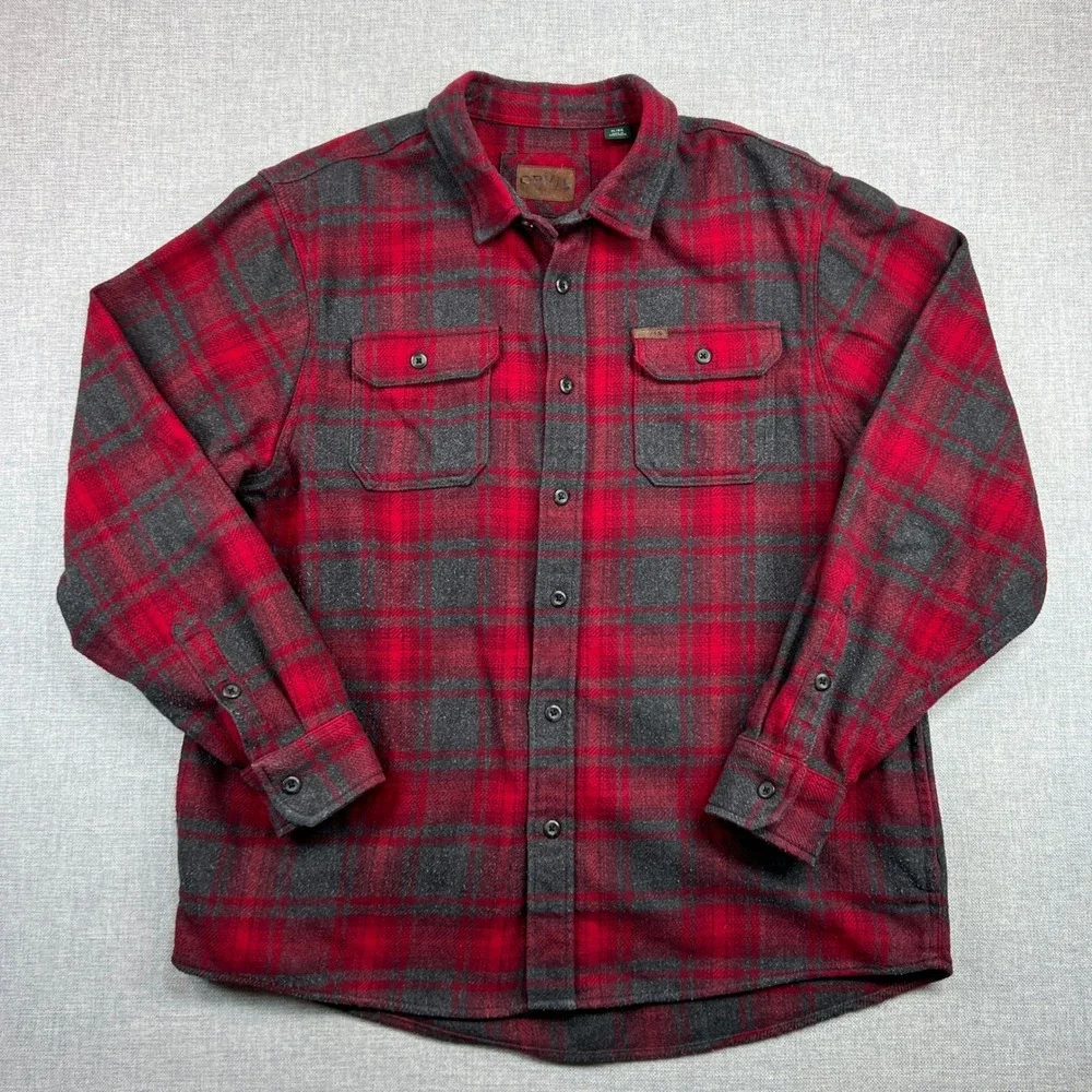 Orvis Big Bear Heavyweight Flannel Shirt Men XL Red Gray Plaid Pockets Utility - Picture 2 of 11